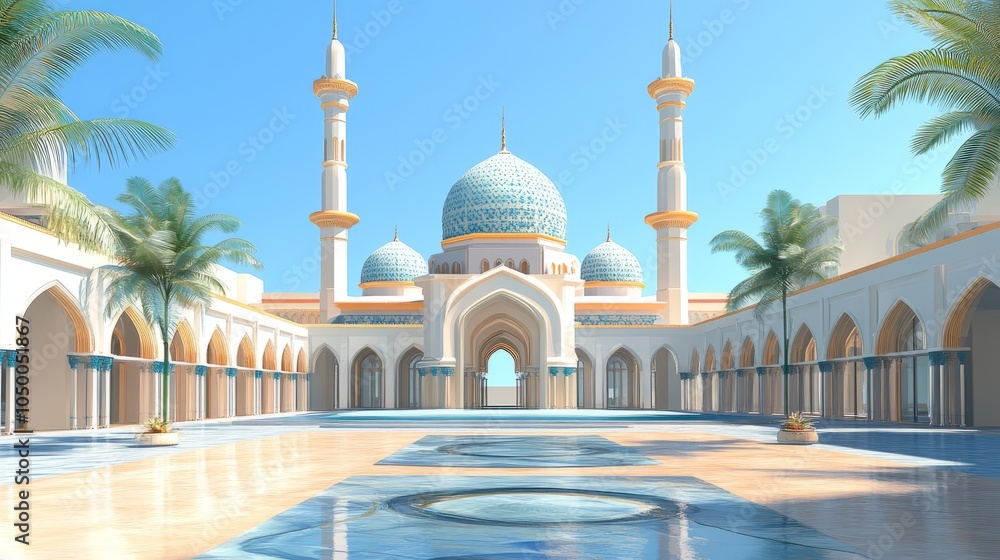 Fototapeta premium Serene Mosque Courtyard with Palm Trees and Reflective Pool