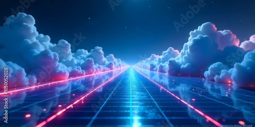 A neon colored line extending across a digital landscape, with pixelated clouds and a grid floor to enhance the cyber theme create with ai