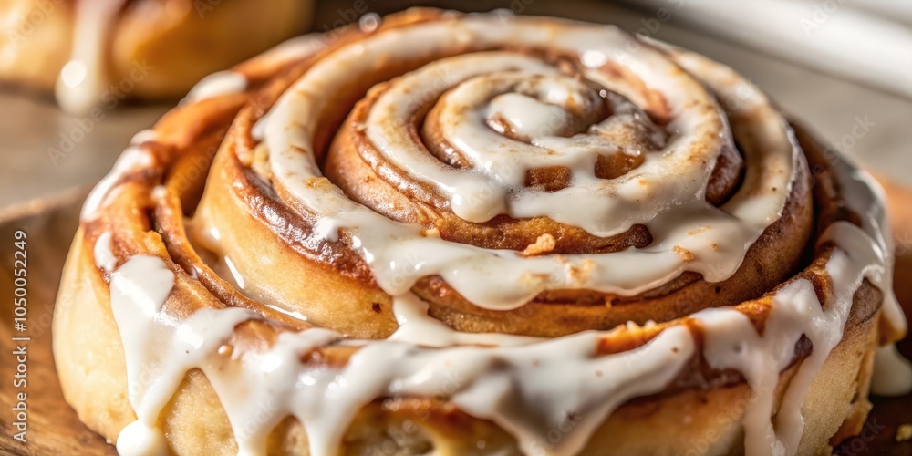 Close-up of a freshly baked cinnamon roll with a generous layer of sweet frosting, showcasing the swirls and textures of this classic bakery treat. Close-up of a freshly baked cinnamon roll with a generous layer of sweet frosting, showcasing the swirls and textures of this classic bakery treat.