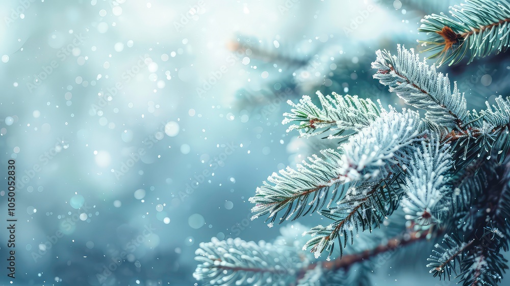 Close-up of a frosted pine branch with a bokeh background. Close-up of a frosted pine branch with a bokeh background.