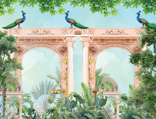 Adobe Illustrator ArtworkTraditional Mughal garden, arch, peacock, plant and bird illustration, Vector illustration of temple, arch with column, tropical plant, peacock
