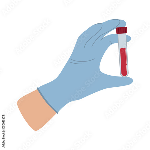 Vector illustration of a gloved hand holding a test tube filled with blood, symbolizing laboratory work, medical analysis, and healthcare diagnostics