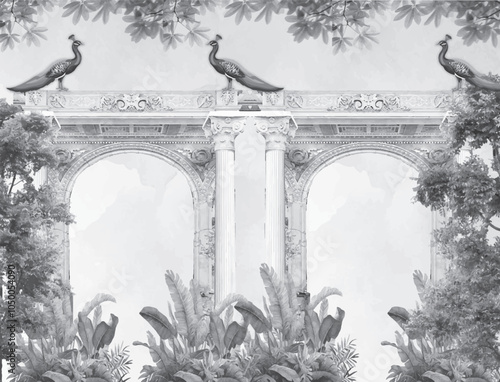 Adobe Illustrator ArtworkTraditional Mughal garden, arch, peacock, plant and bird illustration, Vector illustration of temple, arch with column, tropical plant, peacock