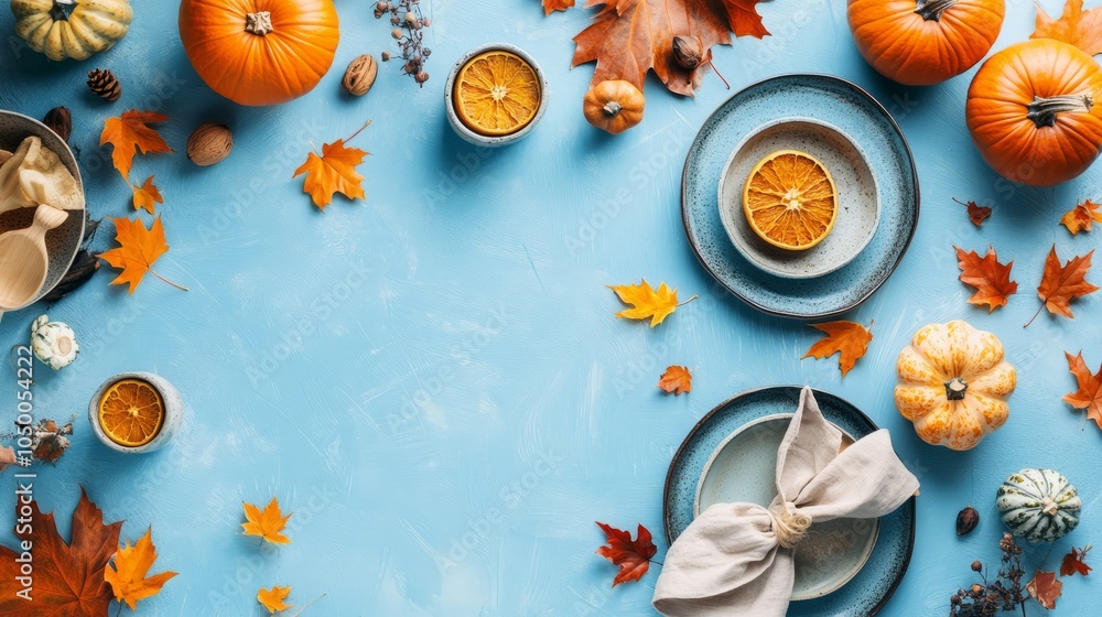 Autumn Feast Table Setting with Pumpkins and Leaves Autumn Feast Table Setting with Pumpkins and Leaves