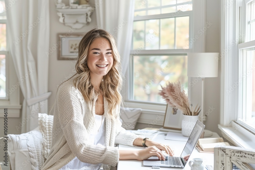A woman enjoys working in a sunlit, home office with a relaxed ambiance, representing productivity, comfort, and creative inspiration in daily life. A woman enjoys working in a sunlit, home office with a relaxed ambiance, representing productivity, comfort, and creative inspiration in daily life.