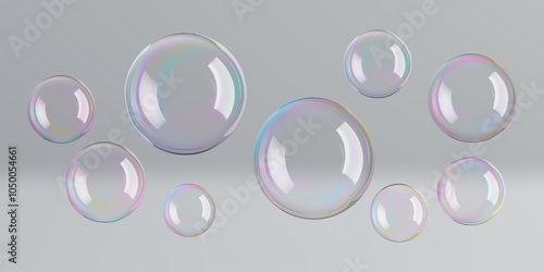 Transparent circle soap bubbles float in bath water, 3D sphere. Rainbow glass ball reflects soap suds. Liquid drops, gradient contrast flare on black wash, design elements for air balloons in wind.