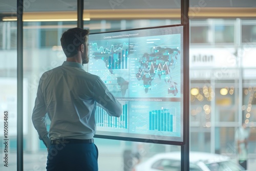 A businessman is seen analyzing intricate data visualizations on a transparent digital screen within an office environment, representing corporate efficiency and innovation. Free Download A businessman is seen analyzing intricate data visualizations on a transparent digital screen within an office environment, representing corporate efficiency and innovation. - GFXLoad