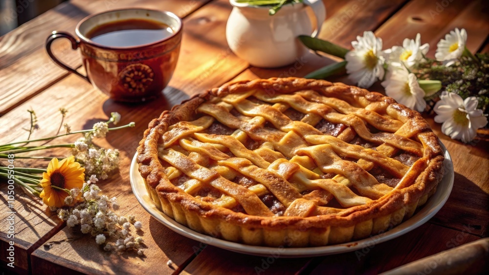 A warm apple pie with a lattice crust, nestled on a wooden table with a cup of coffee and a bouquet of daisies in the sun A warm apple pie with a lattice crust, nestled on a wooden table with a cup of coffee and a bouquet of daisies in the sun