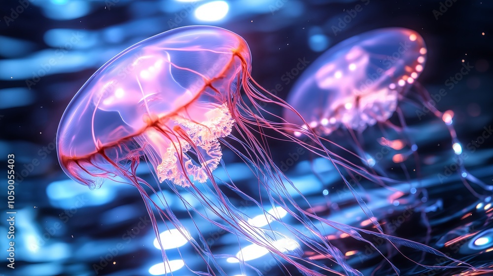 Translucent jellyfish gracefully floating in open water, their long, delicate tendrils trailing behind them Translucent jellyfish gracefully floating in open water, their long, delicate tendrils trailing behind them