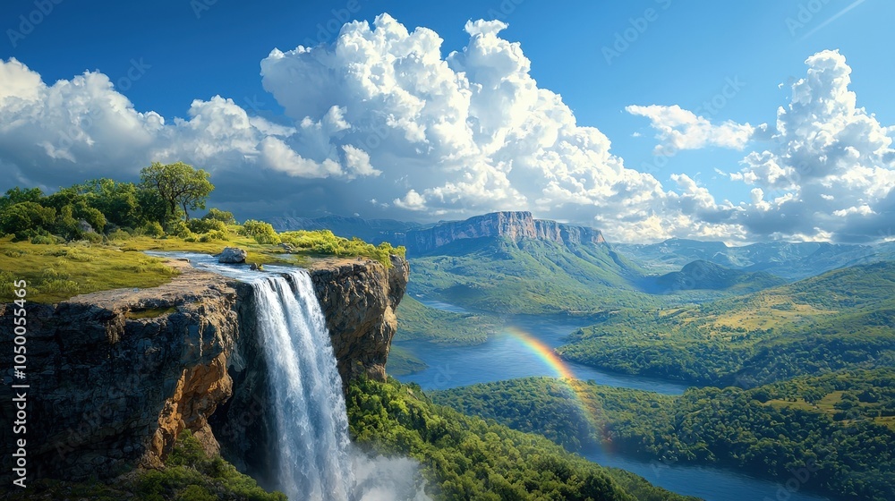 Fototapeta premium A waterfall is seen in the distance with a rainbow in the sky