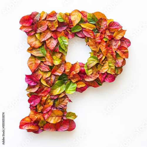 Alphabet letterP made of fall leaves, flowers. berries. Vibrant autumn colours. White clean background. Generative AI photo