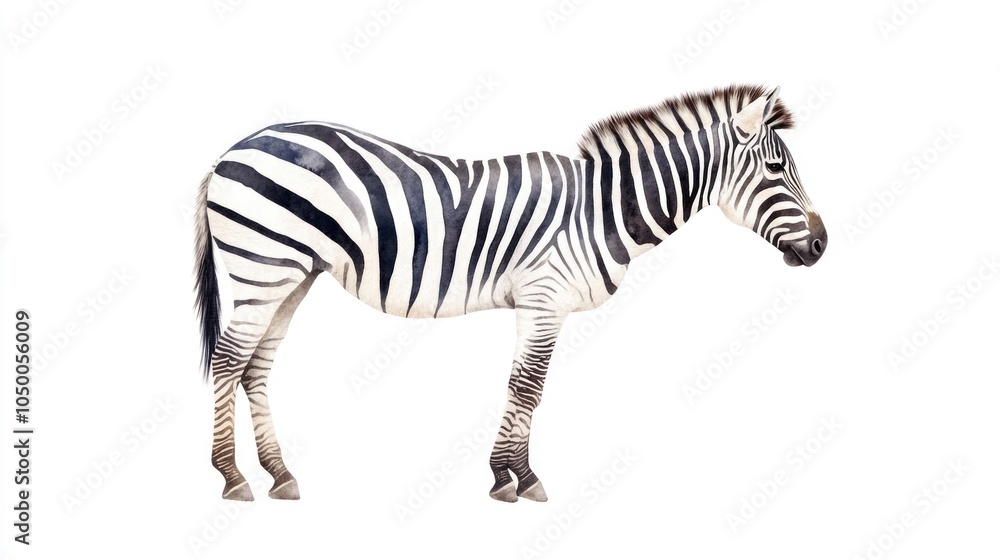 Obraz premium Zebra is standing on a white background. The zebra is the main focus of the image, and it is looking at the camera. The white background emphasizes the black and white stripes of the zebra