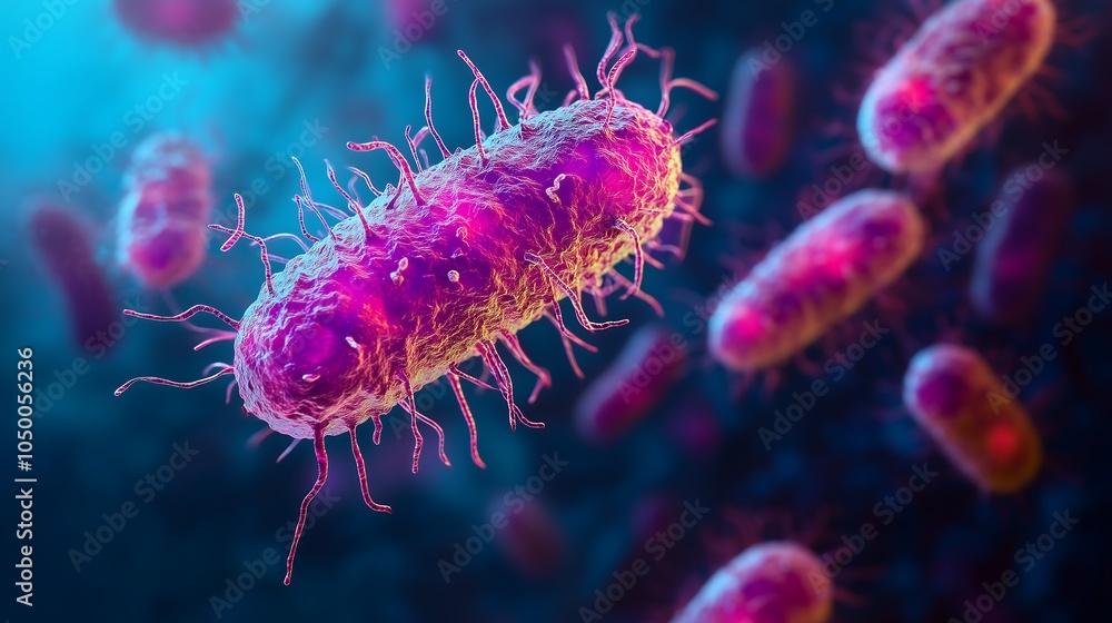 A close-up 3D illustration of bacteria with vibrant colors and complex textures, showcasing various cell shapes of the microscopic world of microbiology. A close-up 3D illustration of bacteria with vibrant colors and complex textures, showcasing various cell shapes of the microscopic world of microbiology.