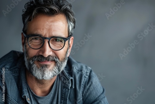 A mature man wearing glasses with a graying beard sits relaxed, indoors, emanating wisdom, comfort, and a serene sense of casual style. photo