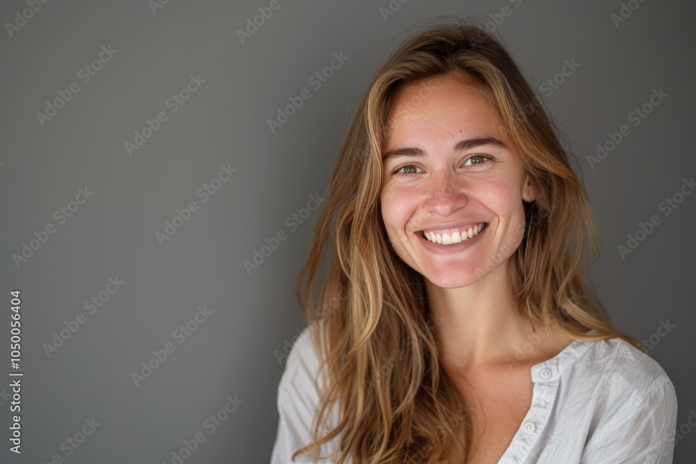 A smiling woman with long hair stands in front of a plain gray wall, exuding confidence, simplicity, and natural beauty in an indoor setting. A smiling woman with long hair stands in front of a plain gray wall, exuding confidence, simplicity, and natural beauty in an indoor setting.
