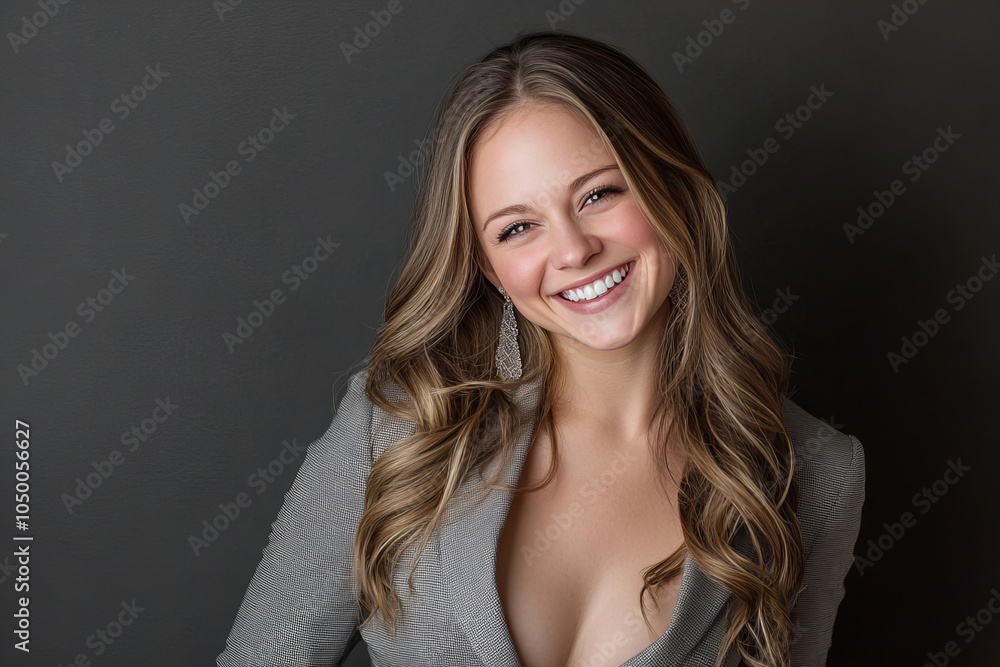 Fototapeta premium Joyful Woman Smiling, Authentic Expression, Happiness, Confidence, Studio Portrait, Cheerful Laughter, Natural Beauty, Positive Emotion, Radiant Smile, Vibrant Personality