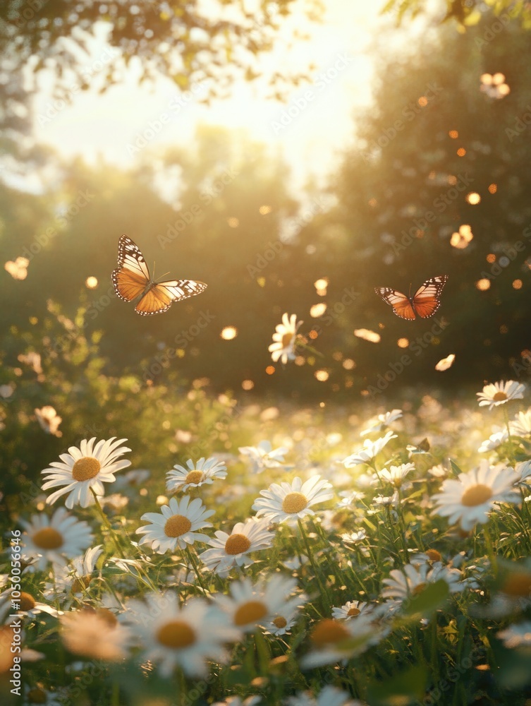 Two butterflies flying in a field of daisies. The butterflies are orange and white. The field is full of daisies and the sun is shining brightly Two butterflies flying in a field of daisies. The butterflies are orange and white. The field is full of daisies and the sun is shining brightly