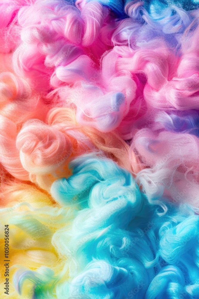 Fototapeta premium Colorful, rainbow-colored hair piece with a blue, pink, and yellow strand. The hair is curled and has a lot of volume