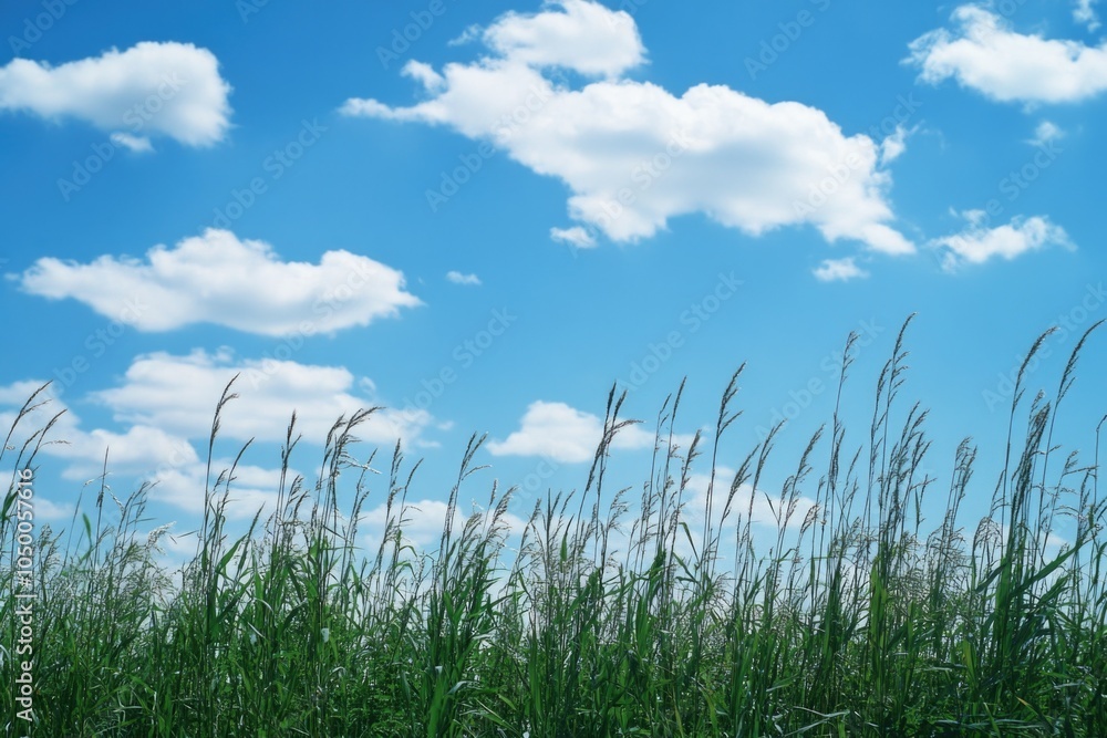Field of tall grass with a clear blue sky above. The sky is dotted with clouds, giving the scene a peaceful and serene atmosphere Field of tall grass with a clear blue sky above. The sky is dotted with clouds, giving the scene a peaceful and serene atmosphere