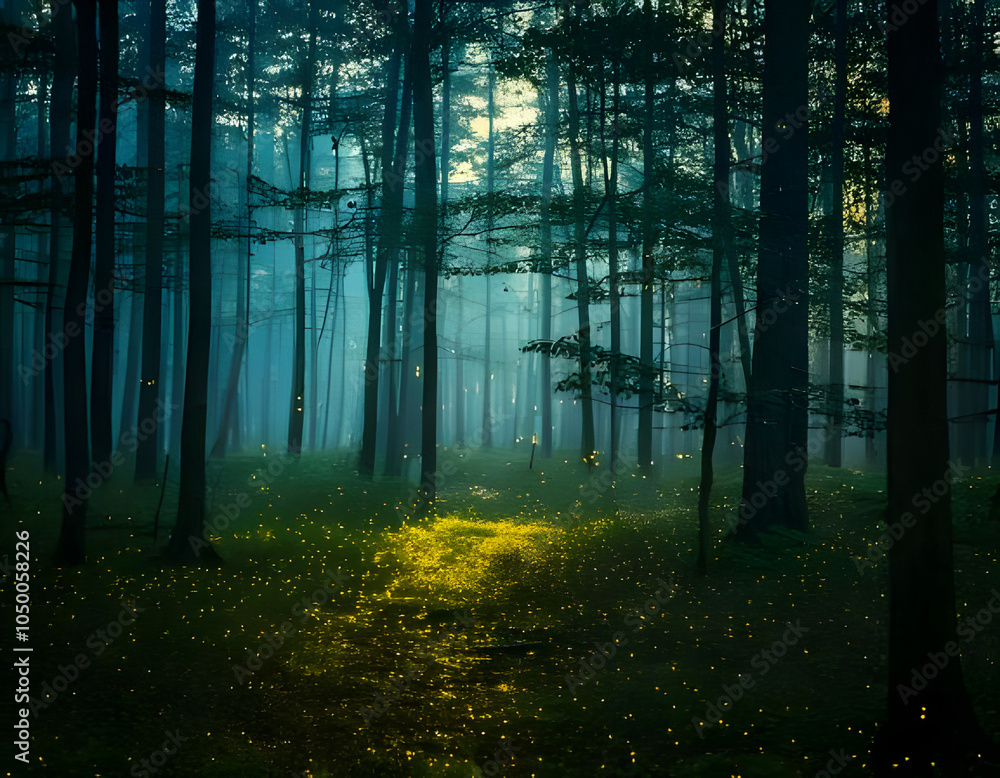 Obraz premium Whimsical forest, fireflies and mist, mysterious autumn vibes