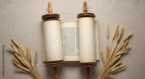 Scrolls with Wheat Decoration and Religious Text Vintage Style Biblical Scrolls with Wheat Elements photo