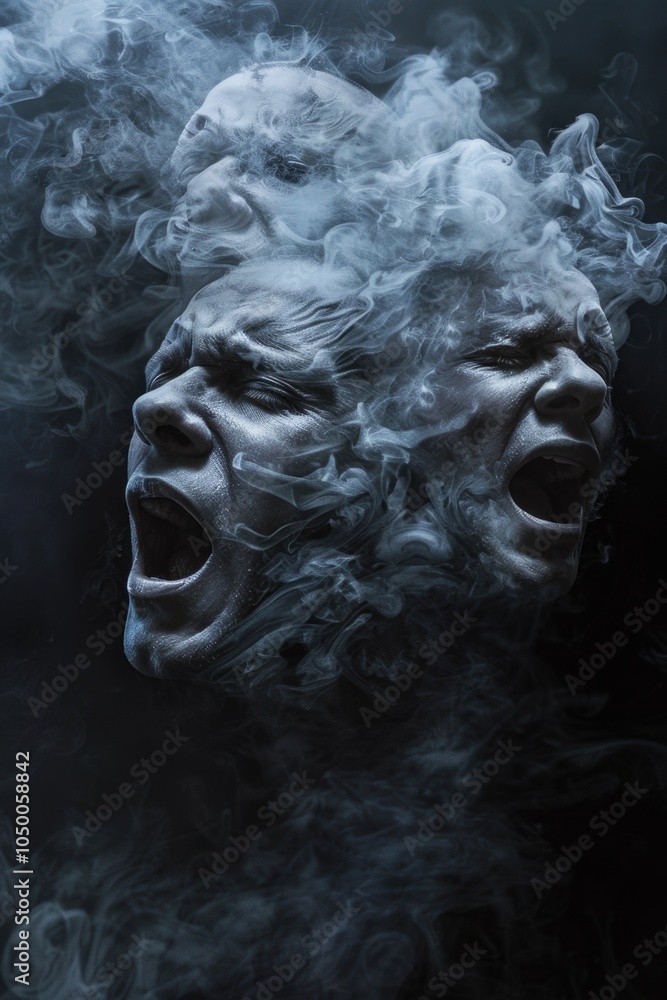 Man's face is shown in two different angles, one of which is covered in smoke. Concept of horror and unease, as the man's face is distorted and obscured by the smoke Man's face is shown in two different angles, one of which is covered in smoke. Concept of horror and unease, as the man's face is distorted and obscured by the smoke