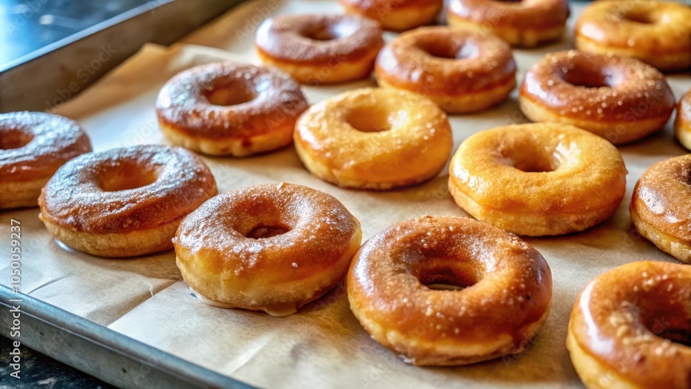A tray of freshly baked glazed donuts with a dusting of powdered sugar on parchment paper A tray of freshly baked glazed donuts with a dusting of powdered sugar on parchment paper