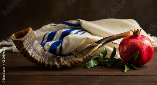 Shofar and pomegranate on wooden table with religious symbols and cultural traditions photo