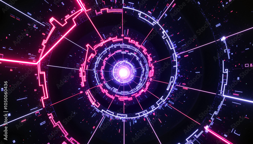 Obraz premium A captivating spiral formation filled with bright purple and red lines creates a sense of depth and movement, embodying a futuristic tech-inspired aesthetic in darkness