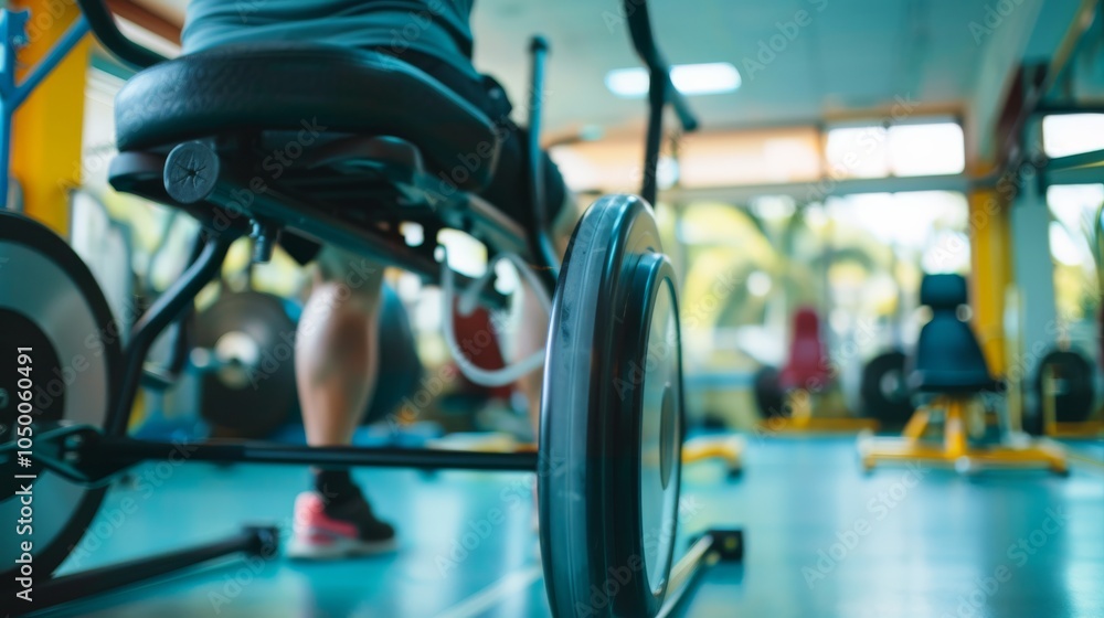 Obraz premium A patient receiving physical therapy in a gym-like rehabilitation center with exercise equipment in the background, macro shot, Energetic style