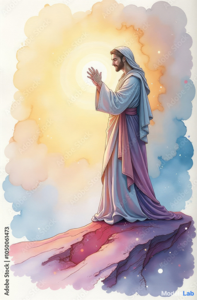Divine presence in sunset light - spiritual man in celestial atmosphere for inspirational art Divine presence in sunset light - spiritual man in celestial atmosphere for inspirational art