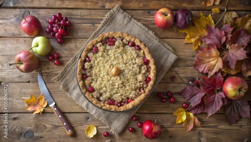 A Rustic Autumnal Table Setting Featuring a Crumb-Topped Apple Pie, Accompanied by Fresh Fruit and Fall Foliage photo