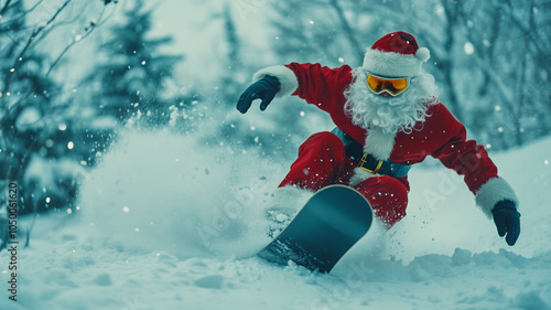 Santa Claus snowboarding in winter landscape during a snowy day with falling flakes