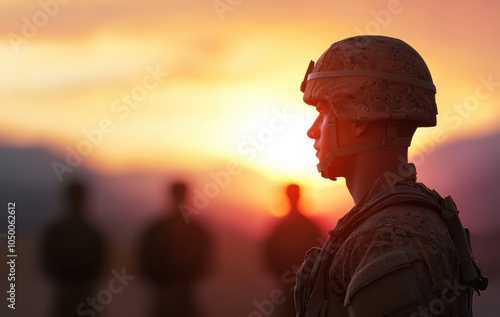 Soldier silhouette against a vibrant sunset background with other figures blurred. photo