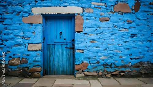 blue old stone wall locked door nearby