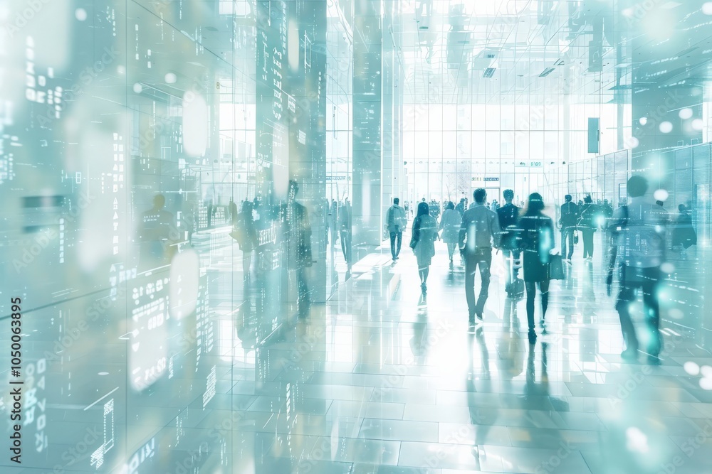 A futuristic scene of people moving in a modern glass building, with digital overlays creating an ethereal atmosphere that mixes reality with digital impression. A futuristic scene of people moving in a modern glass building, with digital overlays creating an ethereal atmosphere that mixes reality with digital impression.