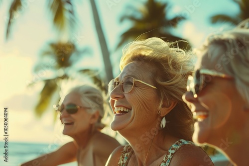 Three joyful elderly women share laughter and stories while sitting on a beach at sunset, embodying friendship, joy, and the beauty of being carefree. photo