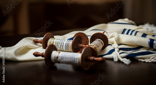 Torah scrolls on table with tallit traditional Jewish religious items close-up focus photo