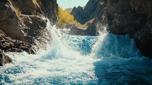 Majestic Turquoise Water Flowing Through Rocky Canyon