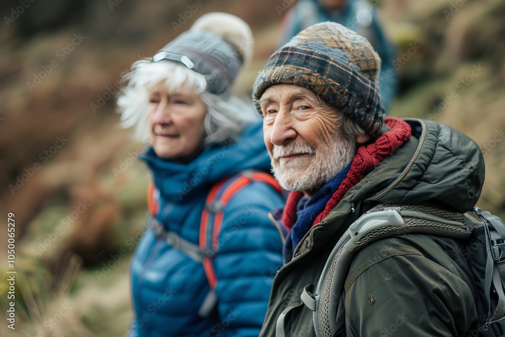 An elderly couple, dressed warmly in jackets and hats, enjoy a hike through a scenic outdoor landscape, embodying adventure and companionship in nature. An elderly couple, dressed warmly in jackets and hats, enjoy a hike through a scenic outdoor landscape, embodying adventure and companionship in nature.