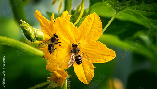 bees pollinate cucumber flowers controlled environment like greenhouse setting optimal temperature humidity growth photo