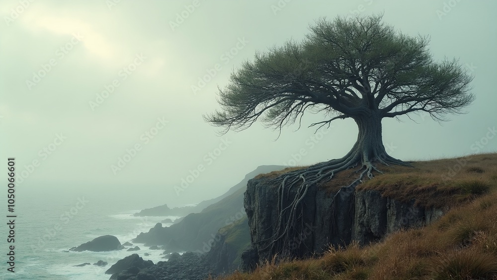 Isolated ancient tree on cliff symbolizes resilience Isolated ancient tree on cliff symbolizes resilience