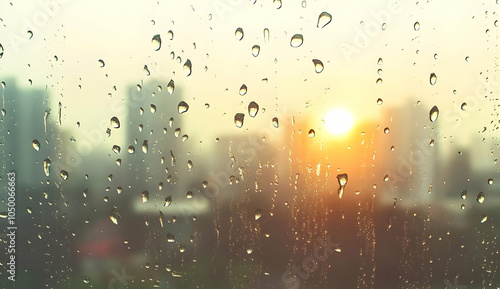 Blurred Cityscape View Through Window with Rain Drops