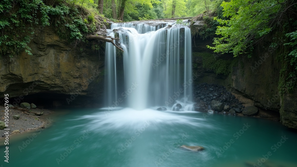 Fototapeta premium Tranquil waterfall flowing into serene pool amidst lush greenery