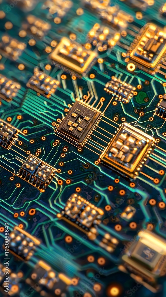 Obraz premium Quantum Computing Chips and Circuitry. Computer Circuit Board. Motherboard Close-Up.