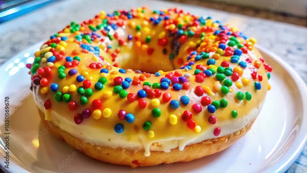 A single glazed donut with multicolored sprinkles on a white plate, ready to be devoured