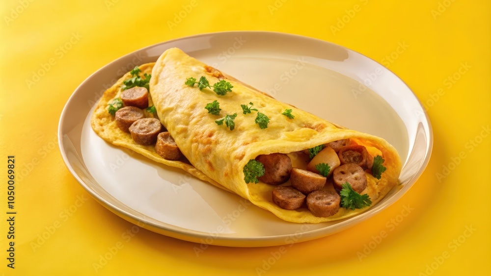 A golden brown omelette filled with savory sausage and fresh herbs, nestled on a white plate against a vibrant yellow backdrop. A golden brown omelette filled with savory sausage and fresh herbs, nestled on a white plate against a vibrant yellow backdrop.