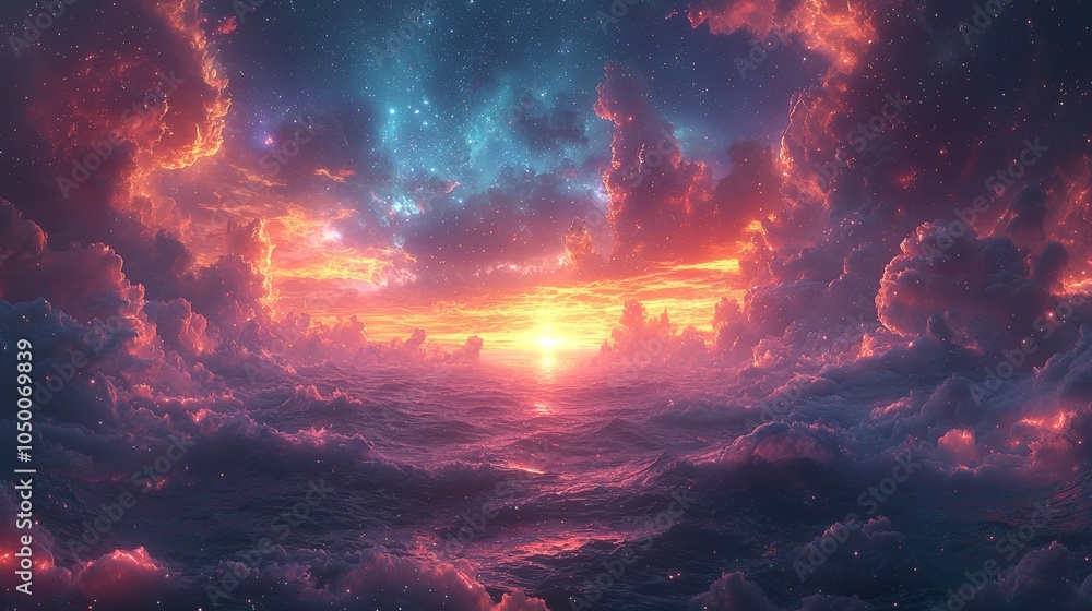 A vibrant, surreal sunset over a vast ocean, filled with colorful clouds and stars. A vibrant, surreal sunset over a vast ocean, filled with colorful clouds and stars.