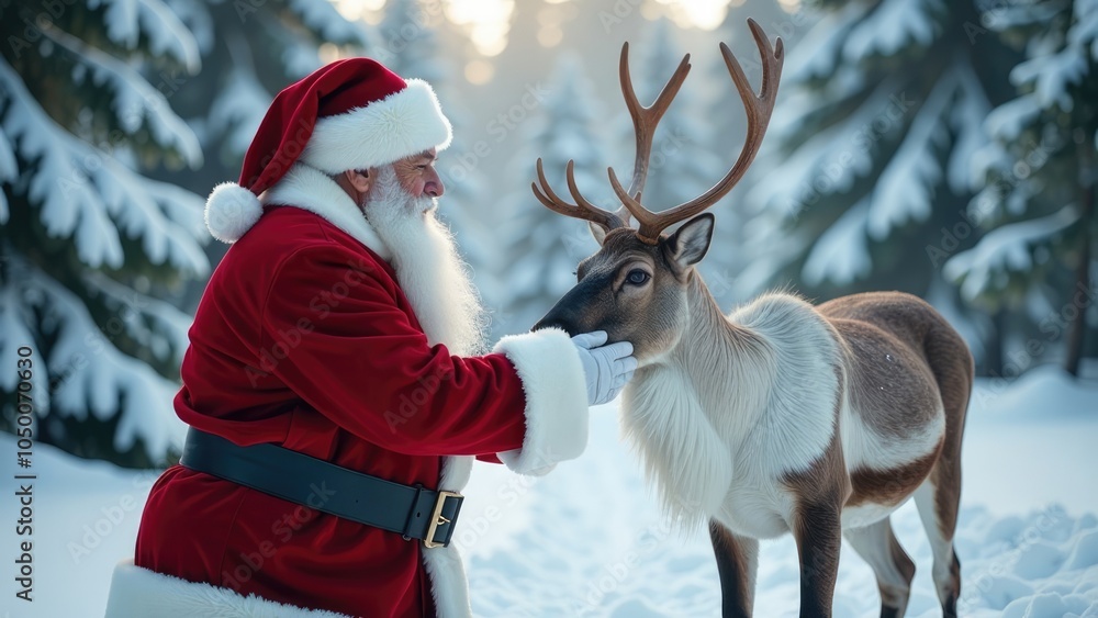 Santa Claus in his iconic red suit and white beard gently pets a reindeer in a snowy winter forest. Festive Christmas background
Santa Claus in his iconic red suit and white beard gently pets a reindeer in a snowy winter forest. Festive Christmas background