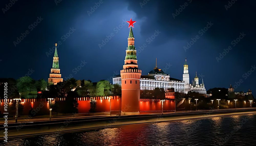 Fototapeta premium dark stormy night moscow kremlin shines single red ruby star